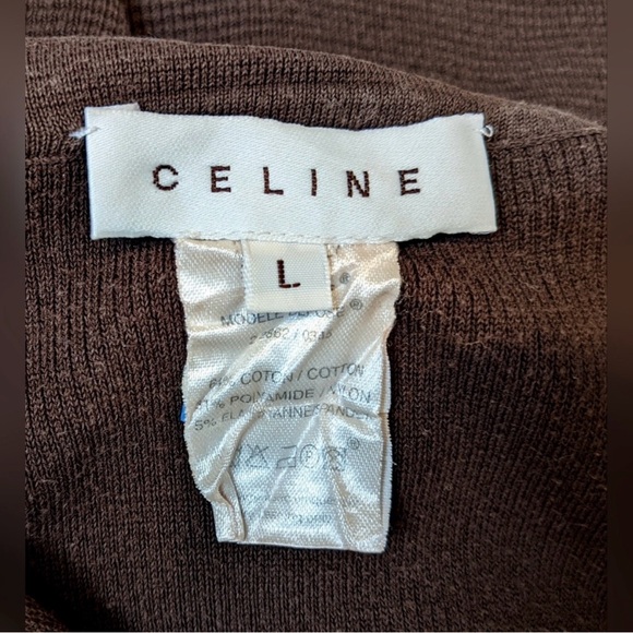 CELINE polo knit shirt brown sz L logo buttons sporty slim top made in France - Picture 5 of 7
